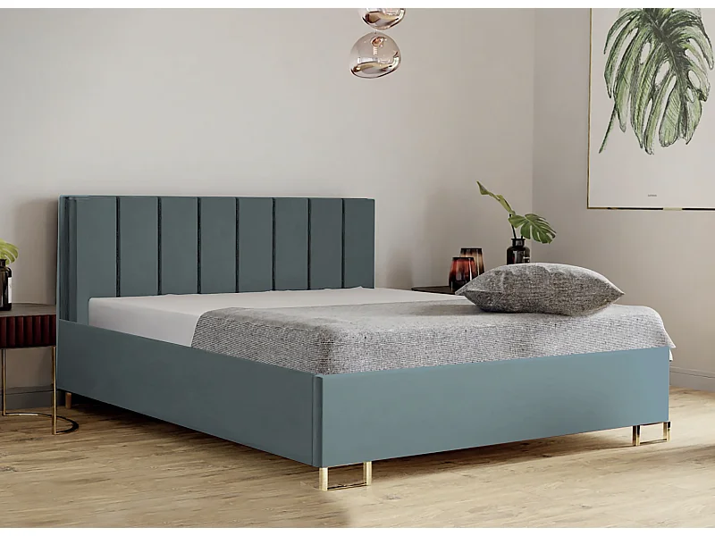 Cama estofada MALIBU, cabeceira acolchoada, tecido VELUTTO premium, baú com pistão a gás, altura confortável 39 cm, 200x200 cm, Verde Pó