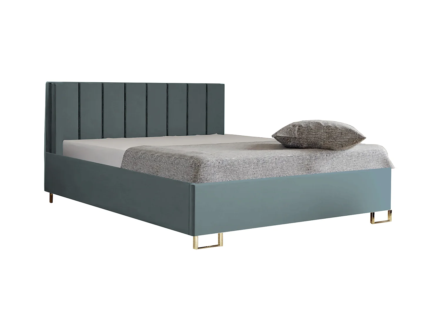 Letto imbottito MALIBU, testiera, rivestimento VELUTTO, box contenitore con pistone a gas, altezza letto 39 cm, 140x200 cm, Verde pastello