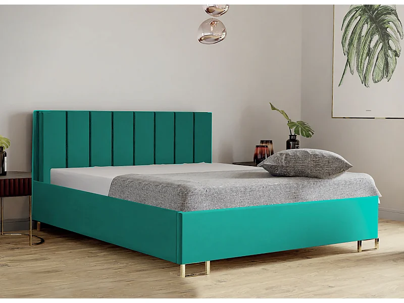 Lit MALIBU, tête de lit rembourrée, revêtement VELUTTO haut de gamme, coffre avec vérins à gaz, hauteur confort 39 cm, 180x200 cm, Vert