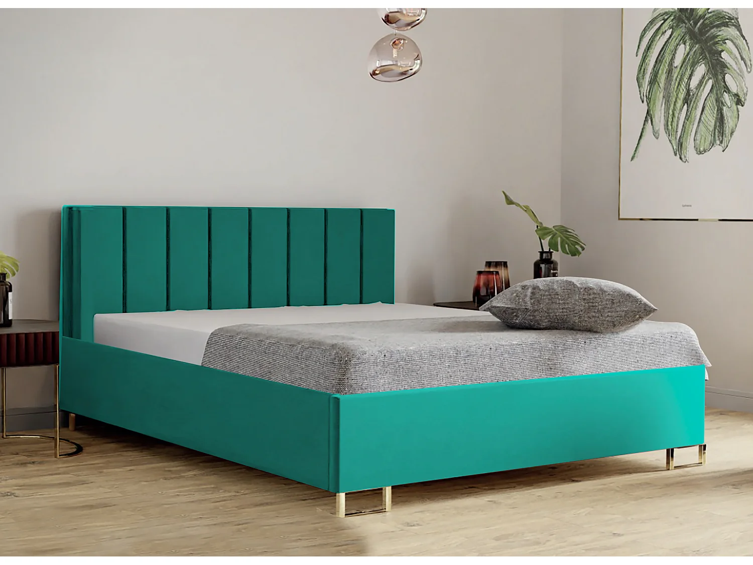 Lit MALIBU, tête de lit rembourrée, revêtement VELUTTO haut de gamme, coffre avec vérins à gaz, hauteur confort 39 cm, 140x200 cm, Vert