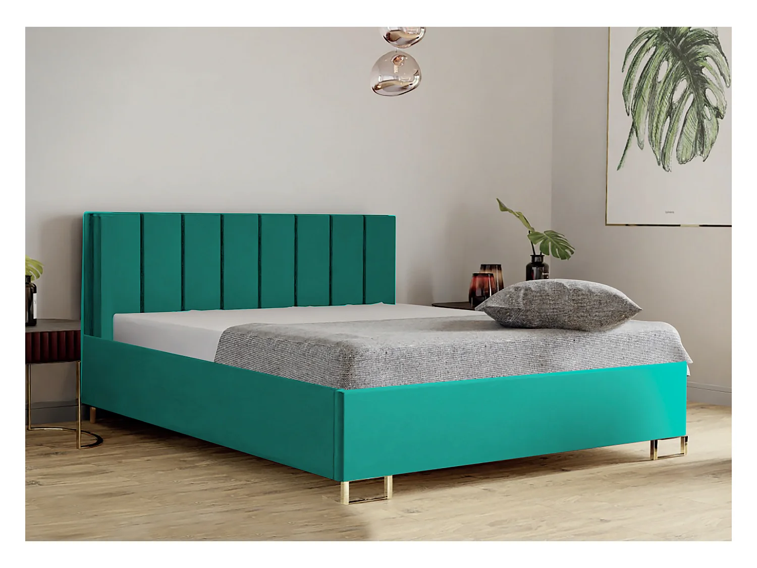 Letto imbottito MALIBU, testiera, rivestimento VELUTTO, box contenitore con pistone a gas, altezza letto 39 cm, 200x200 cm, Verde