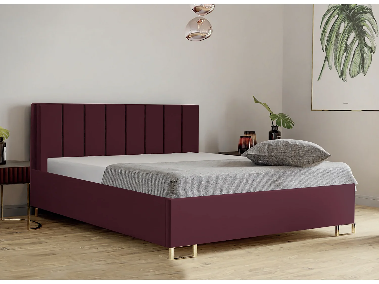 Lit MALIBU, tête de lit rembourrée, revêtement VELUTTO haut de gamme, coffre avec vérins à gaz, hauteur confort 39 cm, 120x200 cm, Cerise