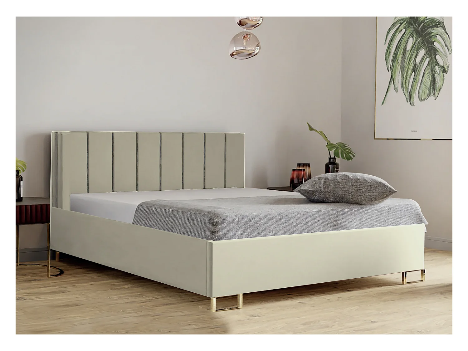 Letto imbottito MALIBU, testiera, rivestimento VELUTTO, box contenitore con pistone a gas, altezza letto 39 cm, 140x200 cm, Beige scuro