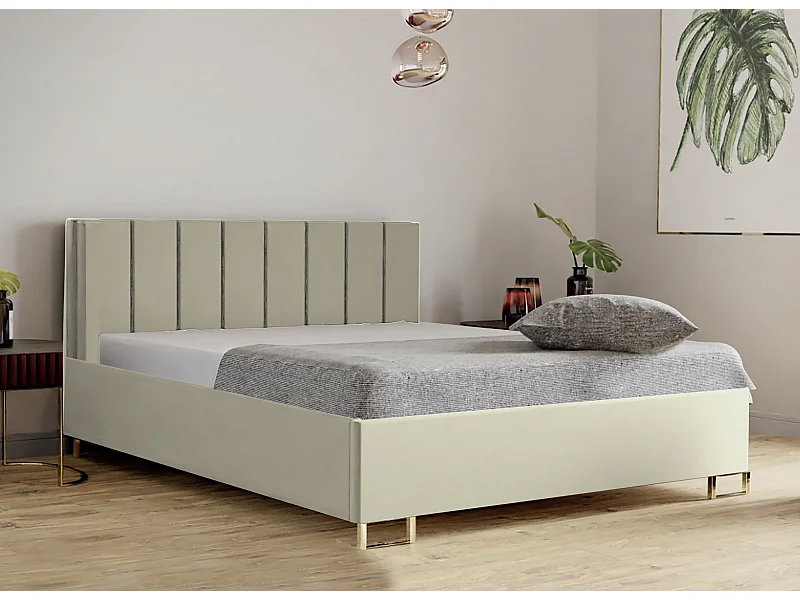 Polsterbed MALIBU, gestoffeerde rugleuning, VELUTTO-stof, opbergbox met gasdrukveer, comfortabele bedhoogte 39 cm, 140x200 cm, Donkerbeige