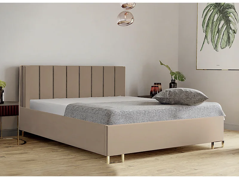 Polsterbett MALIBU 140x200 Orange, VELUTTO-Stoff, gepolstertes Kopfteil, Bettkasten mit Gasdruckfeder, 39 cm hoch, Creme