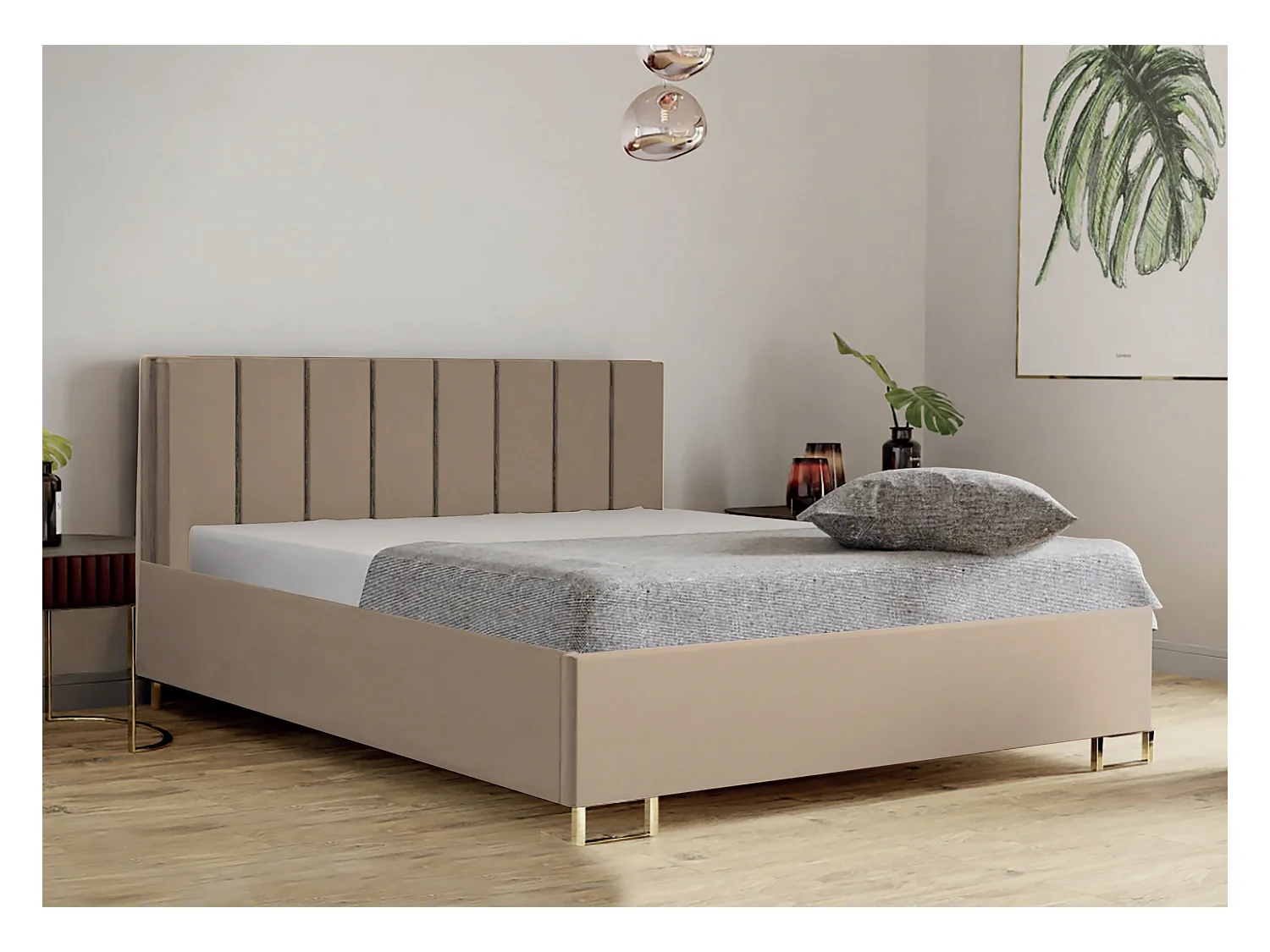 Polsterbett MALIBU 140x200 Orange, VELUTTO-Stoff, gepolstertes Kopfteil, Bettkasten mit Gasdruckfeder, 39 cm hoch, Creme