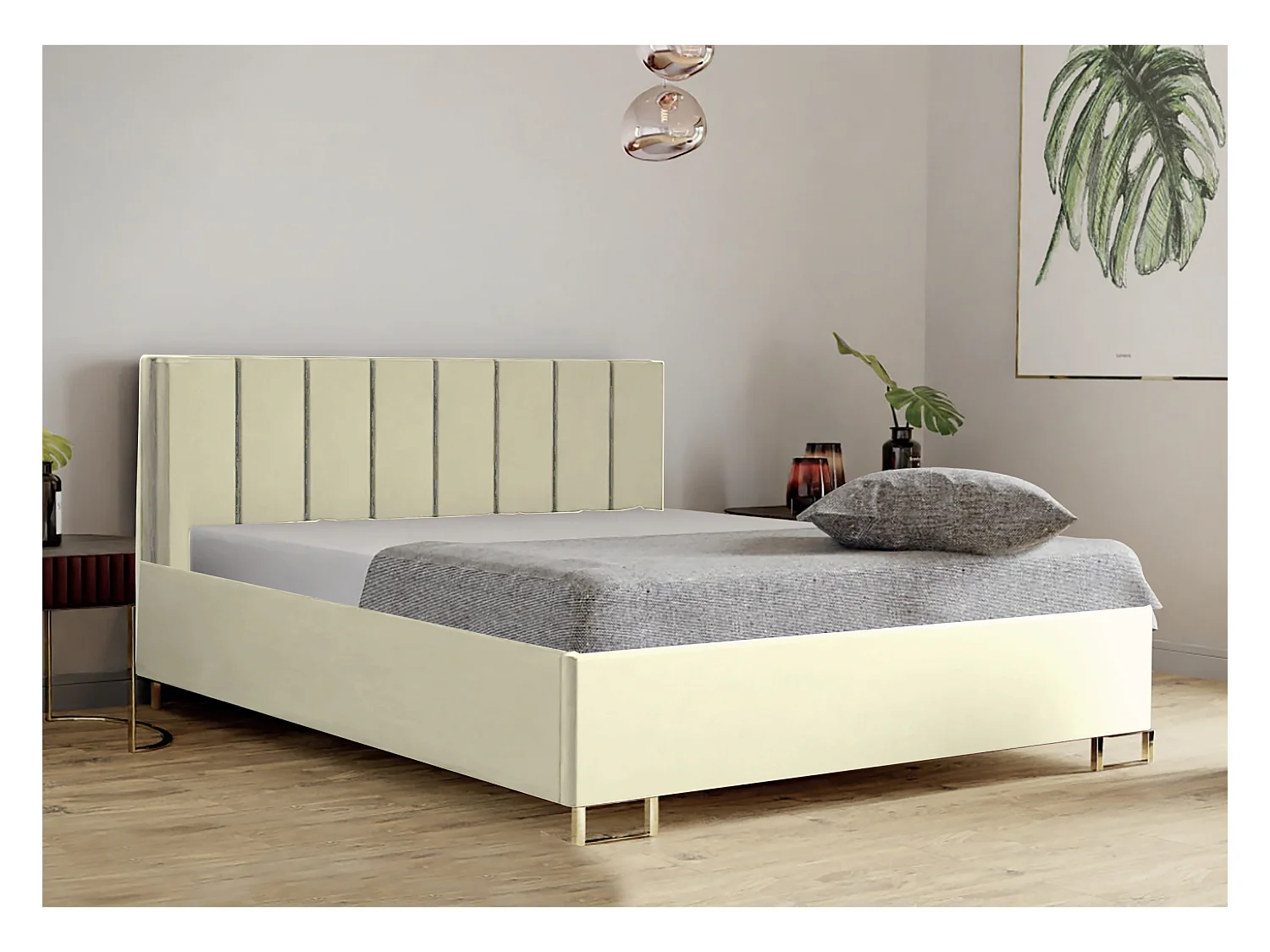 Letto imbottito MALIBU, testiera, rivestimento VELUTTO, box contenitore con pistone a gas, altezza letto 39 cm, 200x200 cm, Beige