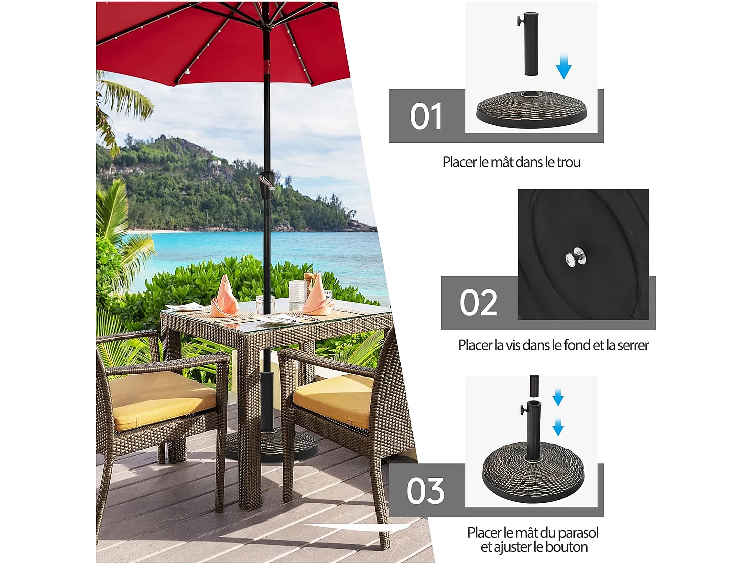 Pied de Parasol 12 KG, Base de Parasol en Résine, Support de Parasol avec Motif en Rotin, Étanche et Protection Solaire, Bouton Réglable, Adapté aux 38/48 mm