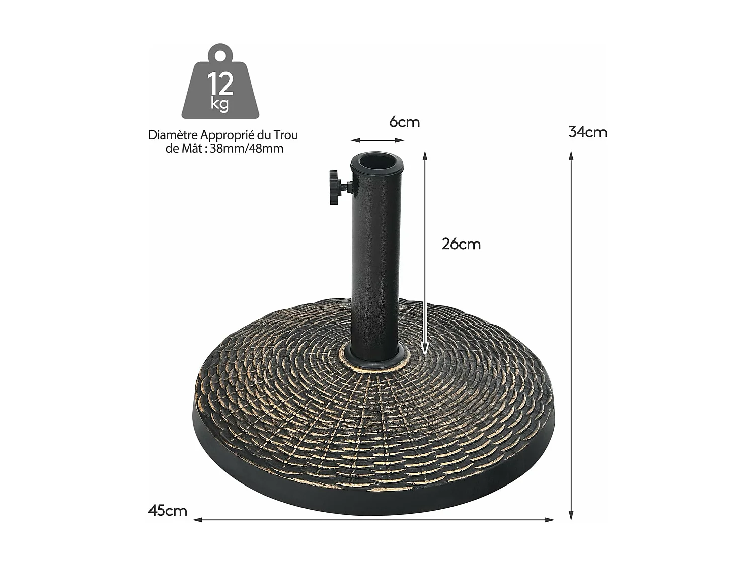 Pied de Parasol 12 KG, Base de Parasol en Résine, Support de Parasol avec Motif en Rotin, Étanche et Protection Solaire, Bouton Réglable, Adapté aux 38/48 mm