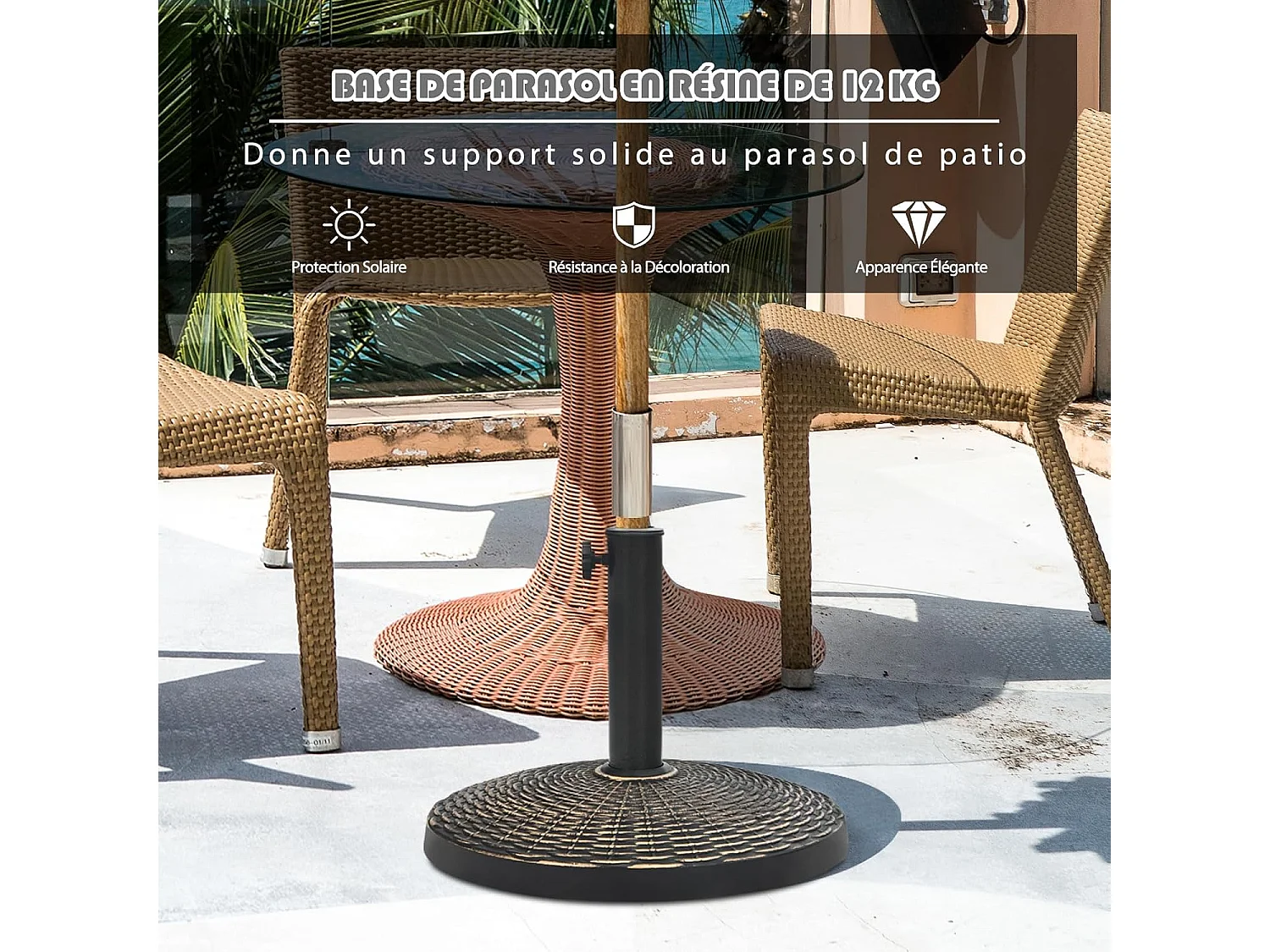 Pied de Parasol 12 KG, Base de Parasol en Résine, Support de Parasol avec Motif en Rotin, Étanche et Protection Solaire, Bouton Réglable, Adapté aux 38/48 mm