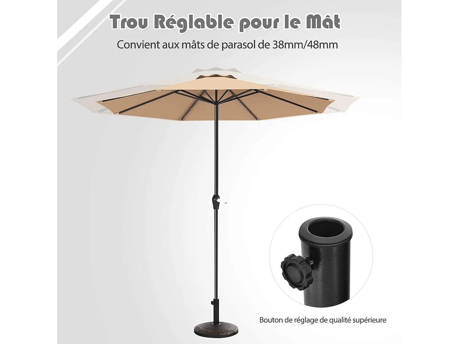 Pied de Parasol 12 KG, Base de Parasol en Résine, Support de Parasol avec Motif en Rotin, Étanche et Protection Solaire, Bouton Réglable, Adapté aux 38/48 mm
