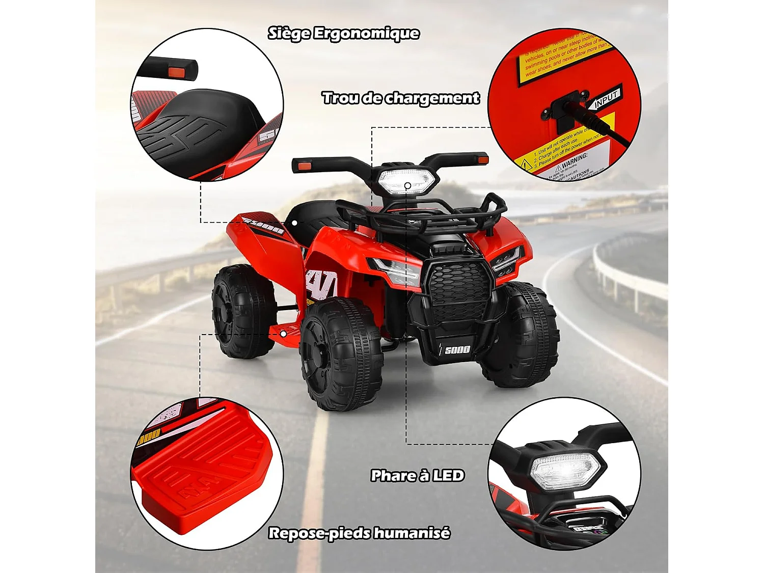 Quad Électrique Enfants avec 4 Roues Antidérapantes, Voiture Électrique Enfants avec Musique, Lumière LED, Guidon Lisse, Boîte de Rangement, Charge 20 KG (Rouge)