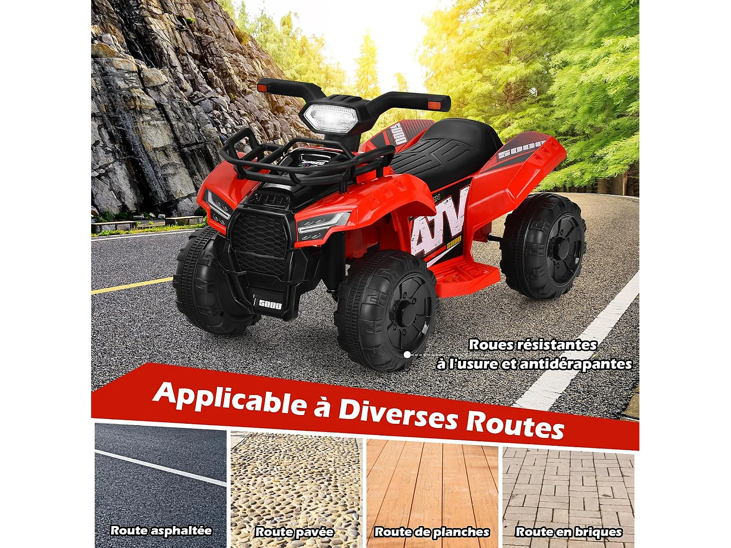 Quad Électrique Enfants avec 4 Roues Antidérapantes, Voiture Électrique Enfants avec Musique, Lumière LED, Guidon Lisse, Boîte de Rangement, Charge 20 KG (Rouge)