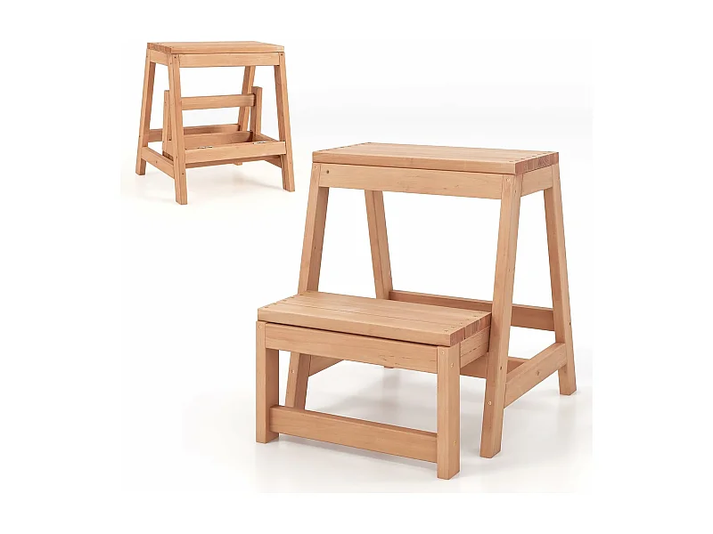 Opvouwbare 2-traps opstapkruk, 3-in-1 kruk van dennenhout, kruk voor kinderen en volwassenen, H-vormige structuur, draagvermogen 250 kg, 50 × 39 × 45 cm, natuurlijk