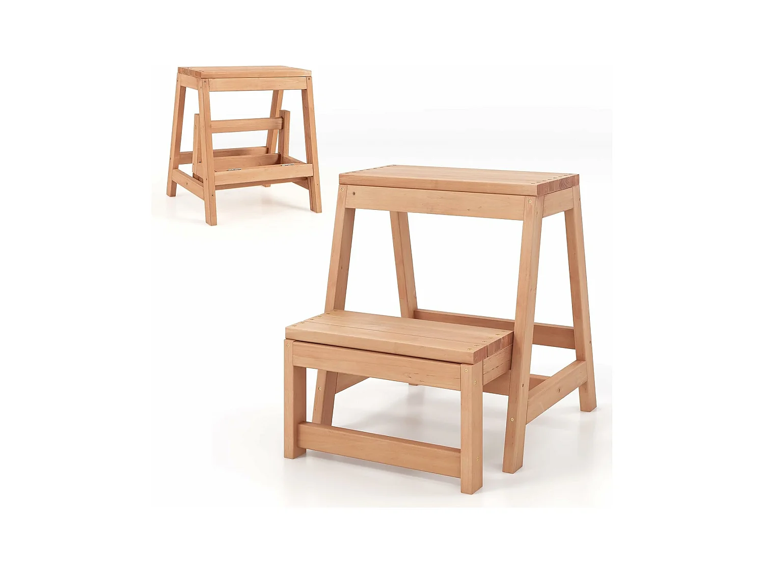 Escabeau 2 Marches Pliable, Marche Pied en Bois de Sapin 3 en 1, Tabouret Enfants et Adultes, Structure en H, Charge 250 kg, 50 × 39 × 45 cm, Naturel