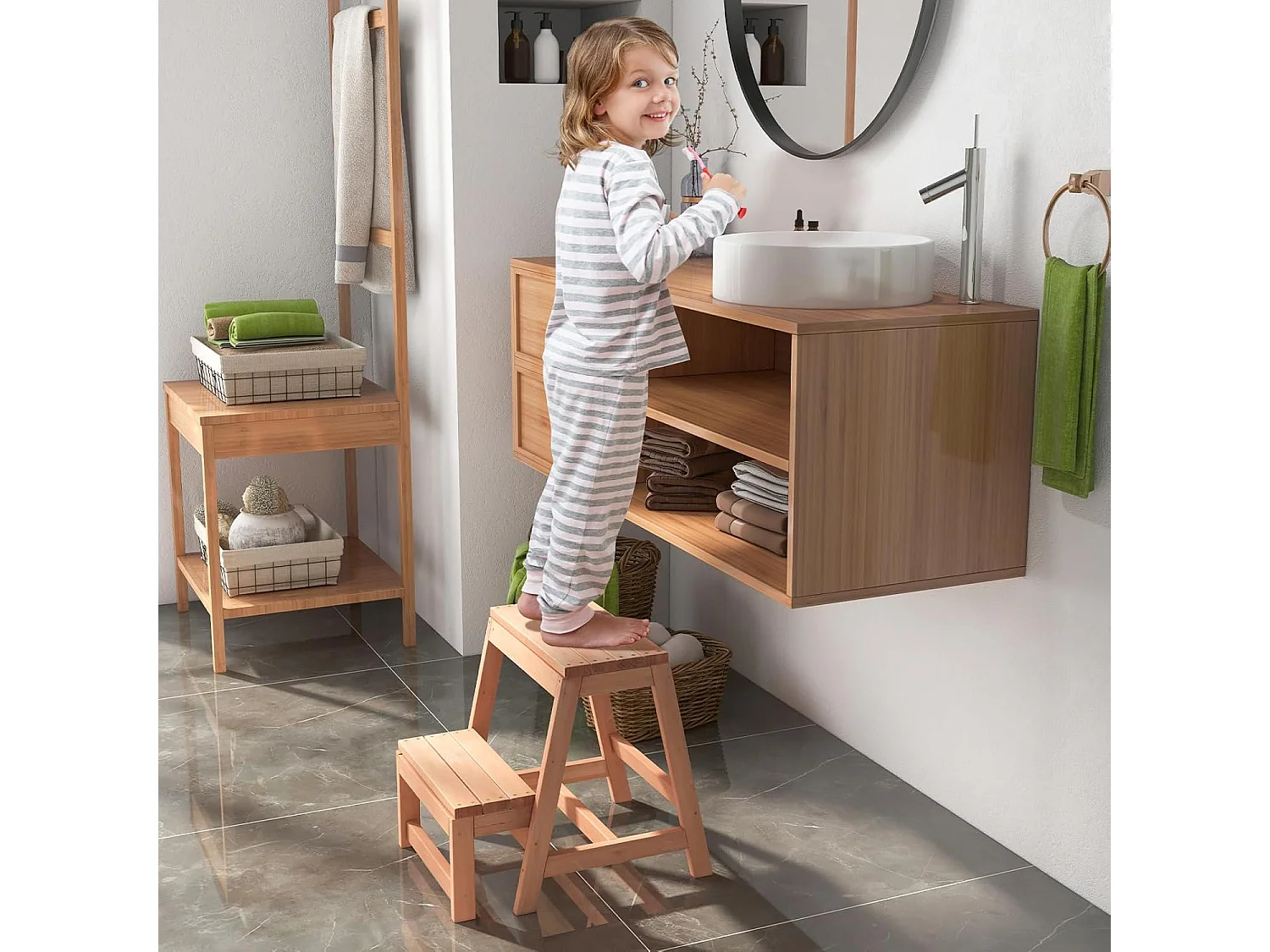 Escabeau 2 Marches Pliable, Marche Pied en Bois de Sapin 3 en 1, Tabouret Enfants et Adultes, Structure en H, Charge 250 kg, 50 × 39 × 45 cm, Naturel