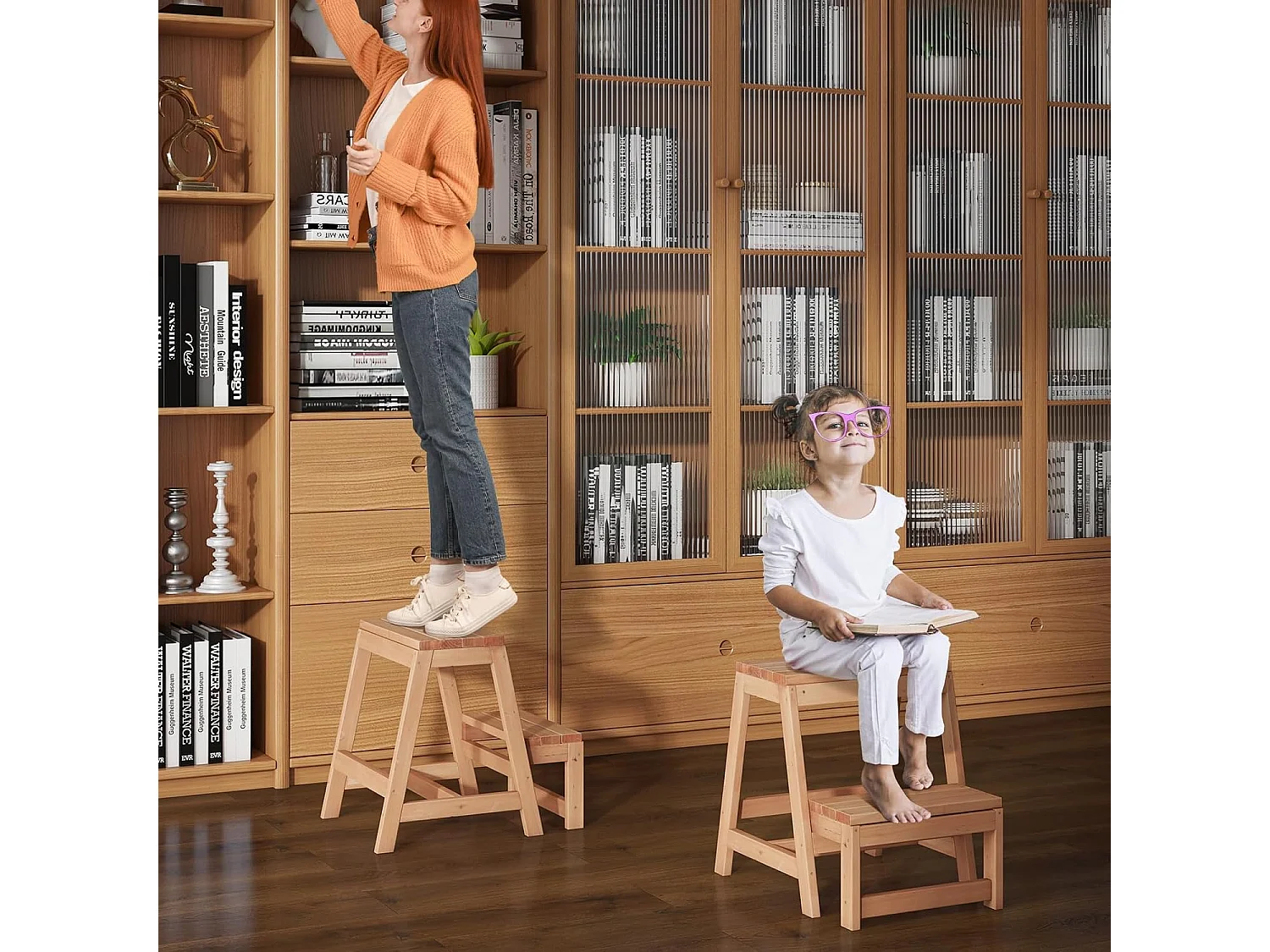 Escabeau 2 Marches Pliable, Marche Pied en Bois de Sapin 3 en 1, Tabouret Enfants et Adultes, Structure en H, Charge 250 kg, 50 × 39 × 45 cm, Naturel