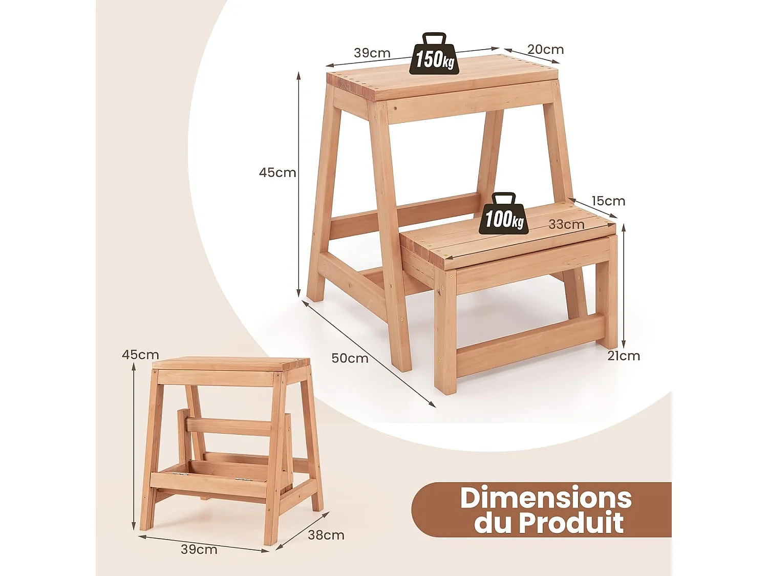 Escabeau 2 Marches Pliable, Marche Pied en Bois de Sapin 3 en 1, Tabouret Enfants et Adultes, Structure en H, Charge 250 kg, 50 × 39 × 45 cm, Naturel