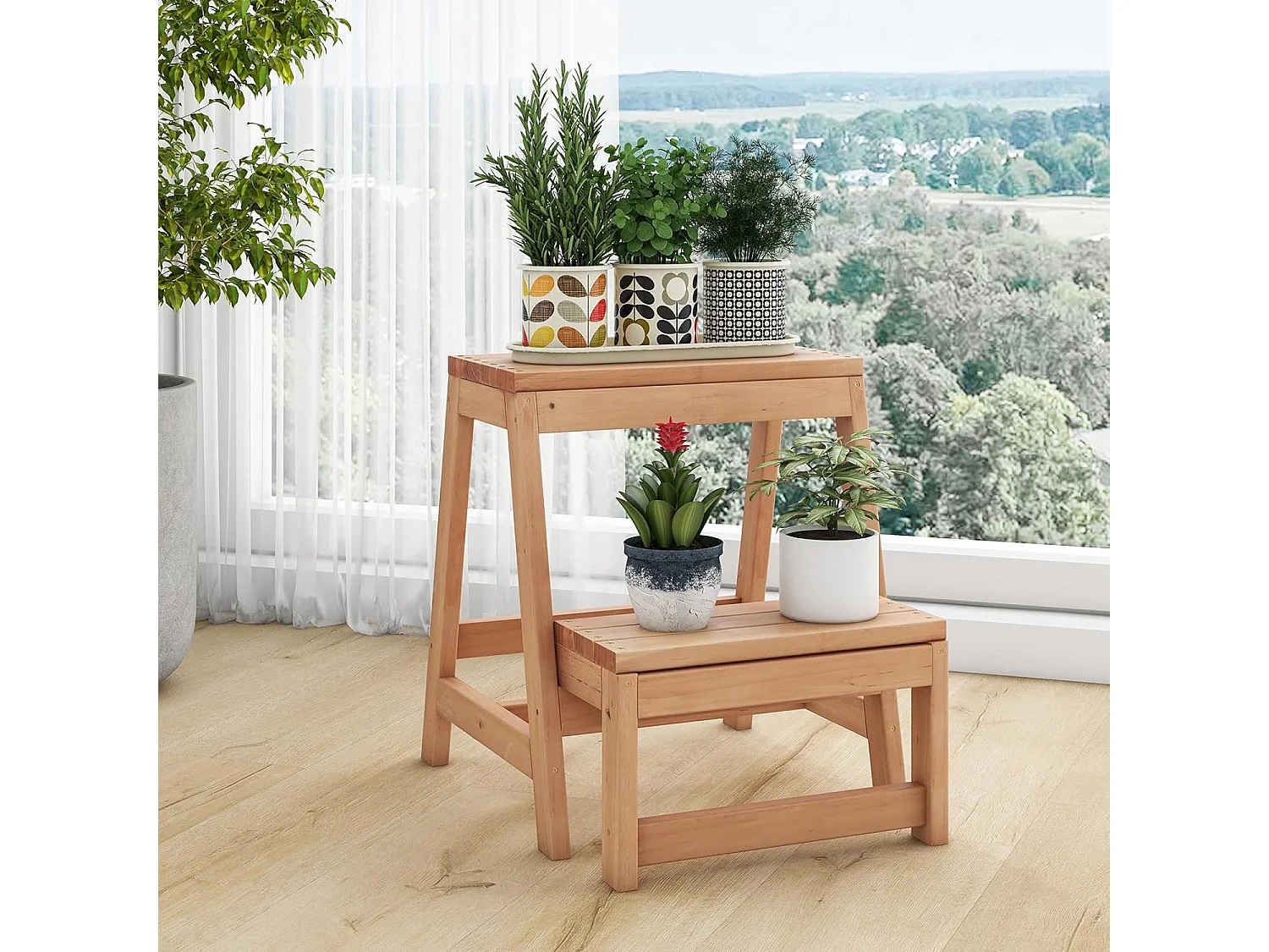 Escabeau 2 Marches Pliable, Marche Pied en Bois de Sapin 3 en 1, Tabouret Enfants et Adultes, Structure en H, Charge 250 kg, 50 × 39 × 45 cm, Naturel