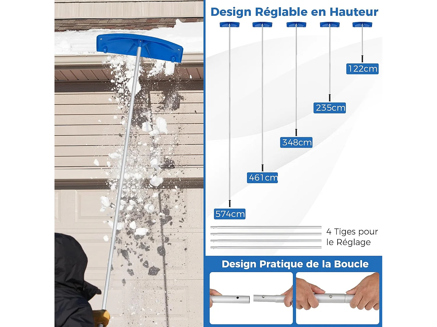 Râteau de Toit à Neige en Aluminium, Déneigement de Toit Réglable avec 5 Tiges Longueur Max de 574 cm 2 Roues Lisses Tête Large Tissu PE, pour Véhicules Toit Garage