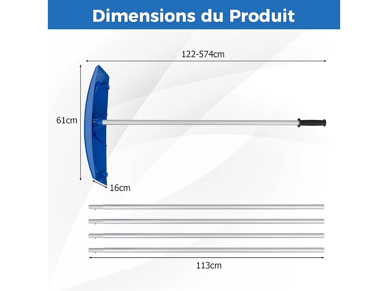 Râteau de Toit à Neige en Aluminium, Déneigement de Toit Réglable avec 5 Tiges Longueur Max de 574 cm 2 Roues Lisses Tête Large Tissu PE, pour Véhicules Toit Garage