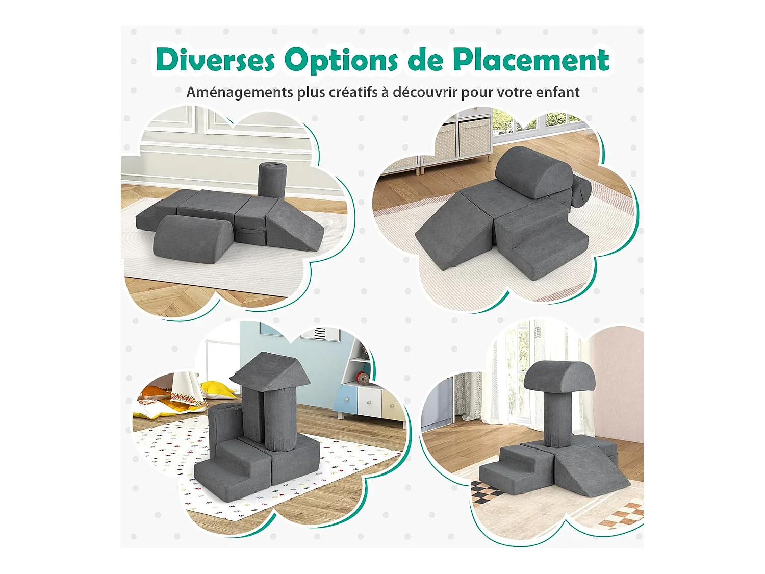 6 PCS Parcours Motricité Bébé en Mousse avec Housse en Tissu Chenille, Module Motricité Bébé avec Fermeture Clair, Jouets Éducatifs Ramper pour Enfants (Gris)