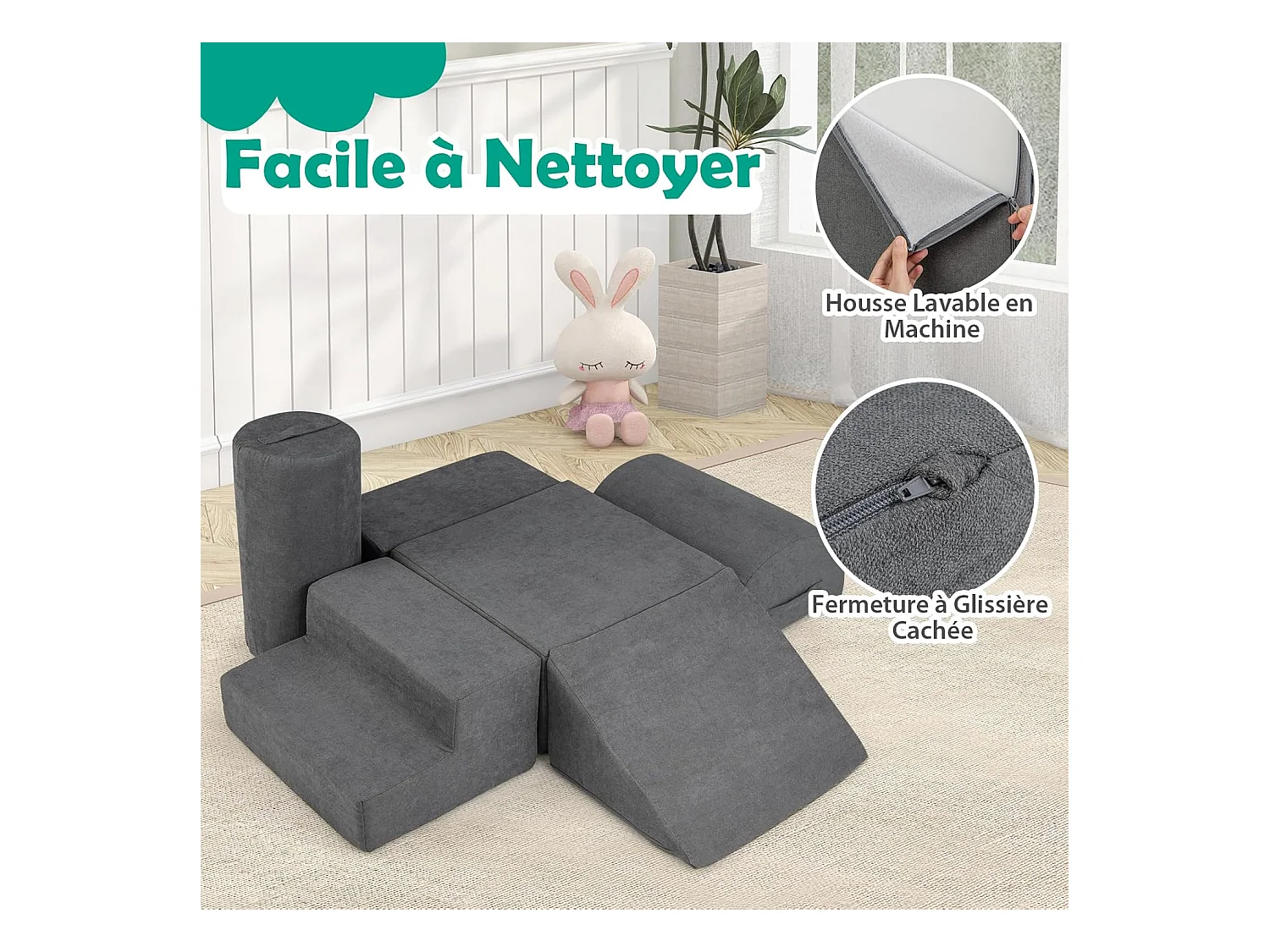 6 PCS Parcours Motricité Bébé en Mousse avec Housse en Tissu Chenille, Module Motricité Bébé avec Fermeture Clair, Jouets Éducatifs Ramper pour Enfants (Gris)