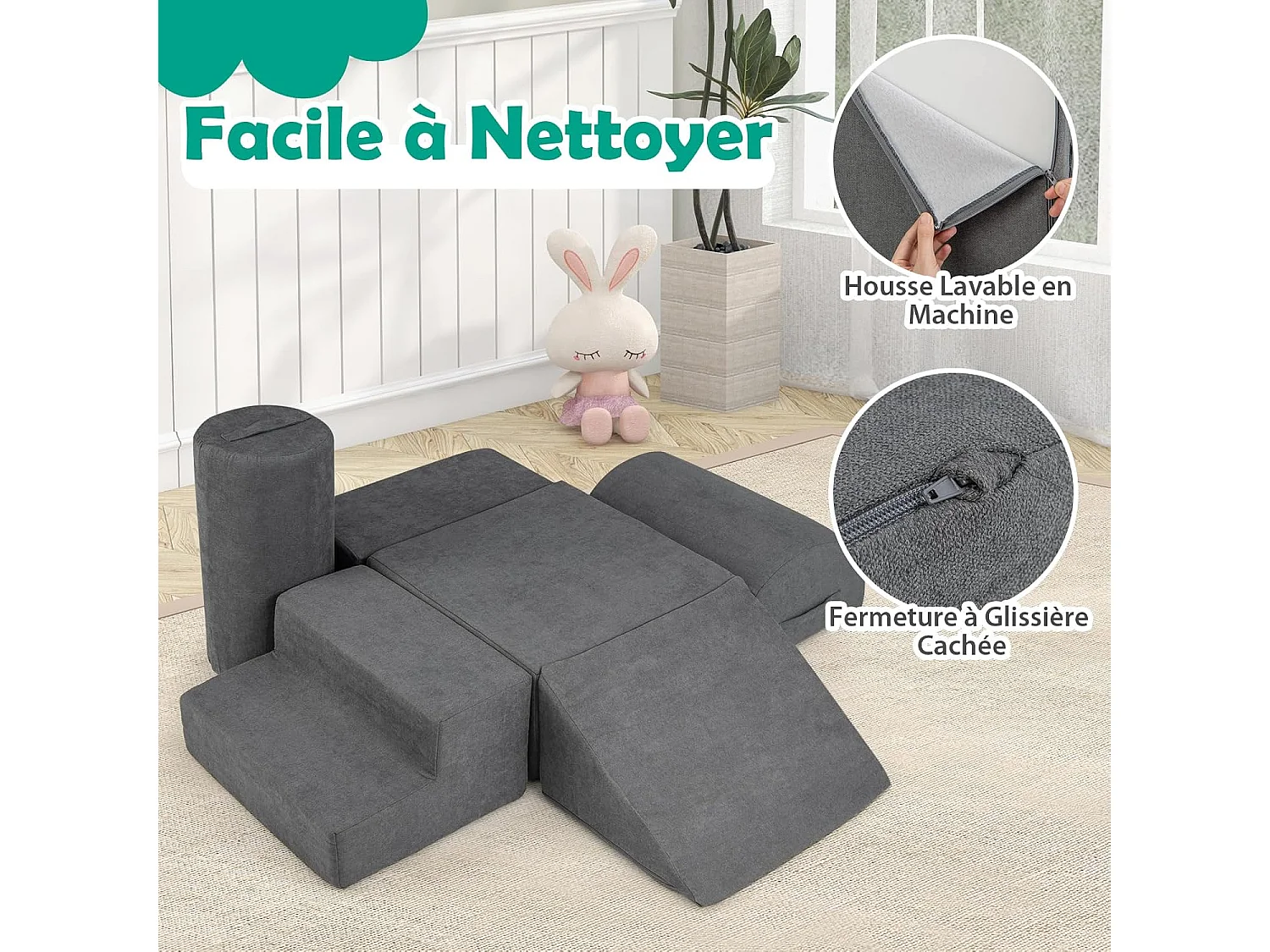 6 PCS Parcours Motricité Bébé en Mousse avec Housse en Tissu Chenille, Module Motricité Bébé avec Fermeture Clair, Jouets Éducatifs Ramper pour Enfants (Gris)