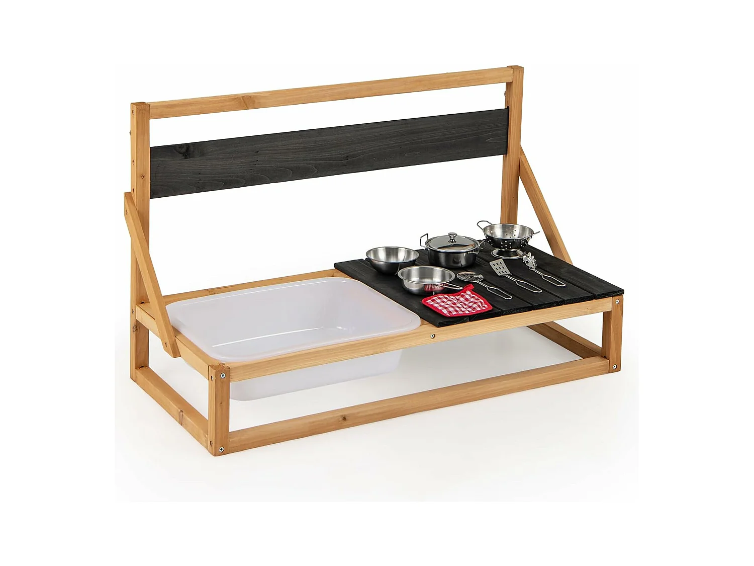 Cuisine Extérieure Enfant avec Tableau Noir & Évier, Jeu de Cuisine en Bois de Sapin Enfant avec 7 Accessoires & Chiffon, Cuisine de Boue pour 3 Ans+