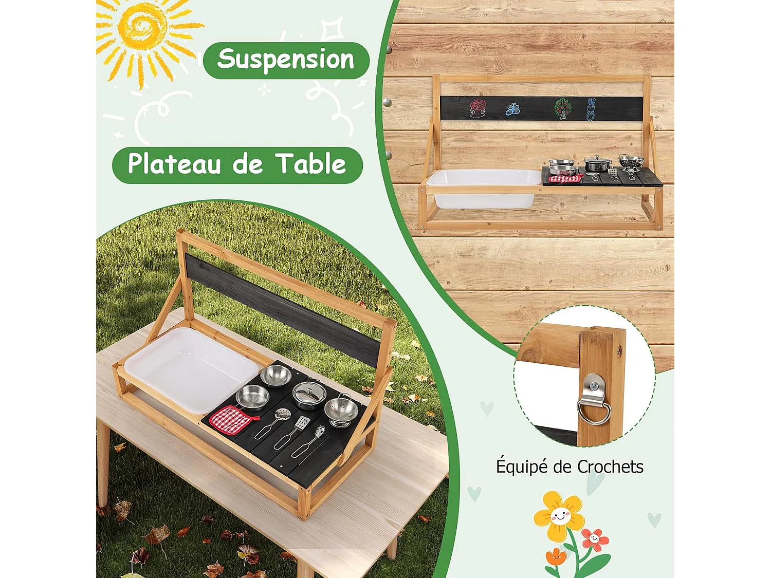 Cuisine Extérieure Enfant avec Tableau Noir & Évier, Jeu de Cuisine en Bois de Sapin Enfant avec 7 Accessoires & Chiffon, Cuisine de Boue pour 3 Ans+