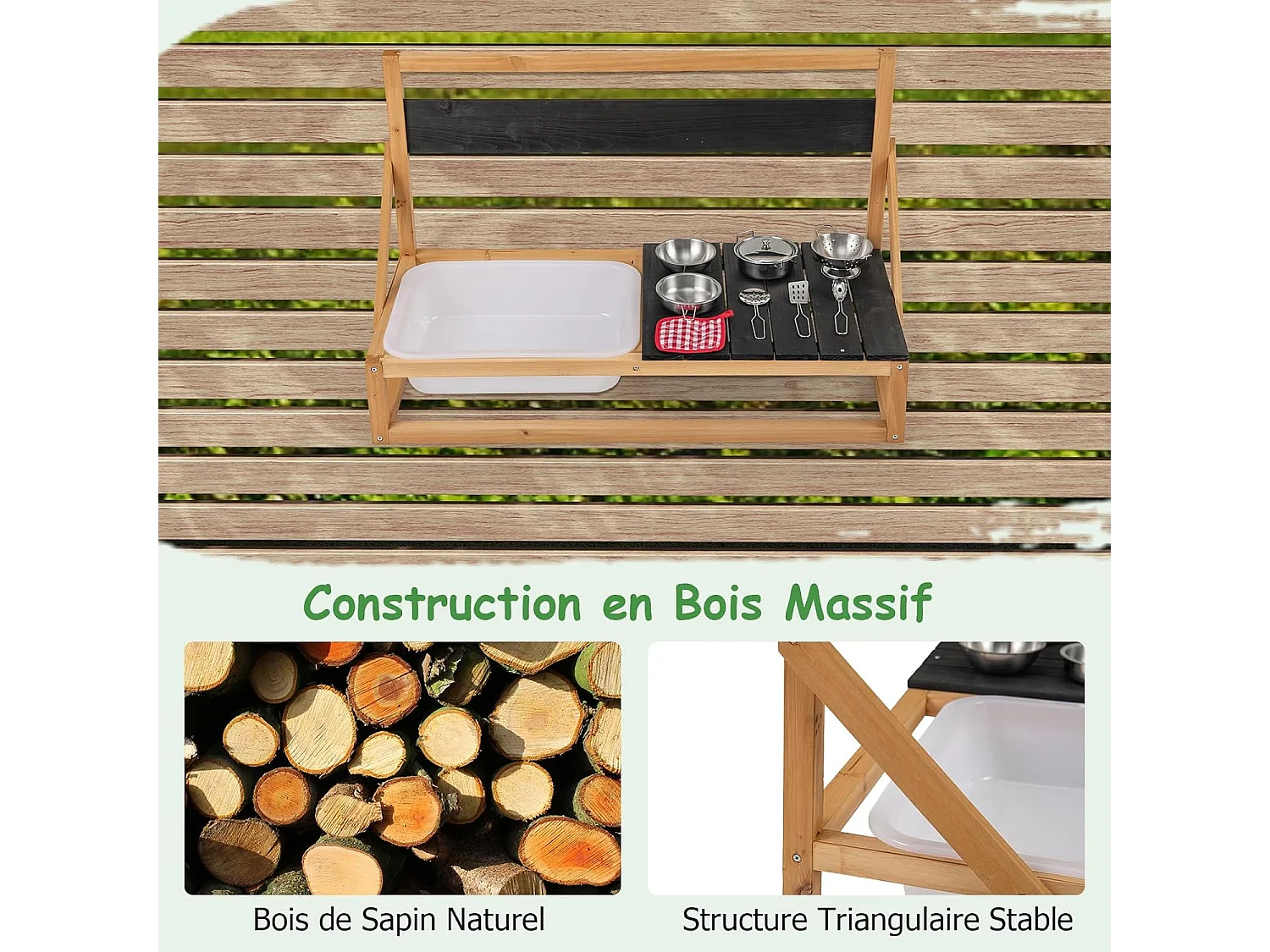 Cuisine Extérieure Enfant avec Tableau Noir & Évier, Jeu de Cuisine en Bois de Sapin Enfant avec 7 Accessoires & Chiffon, Cuisine de Boue pour 3 Ans+