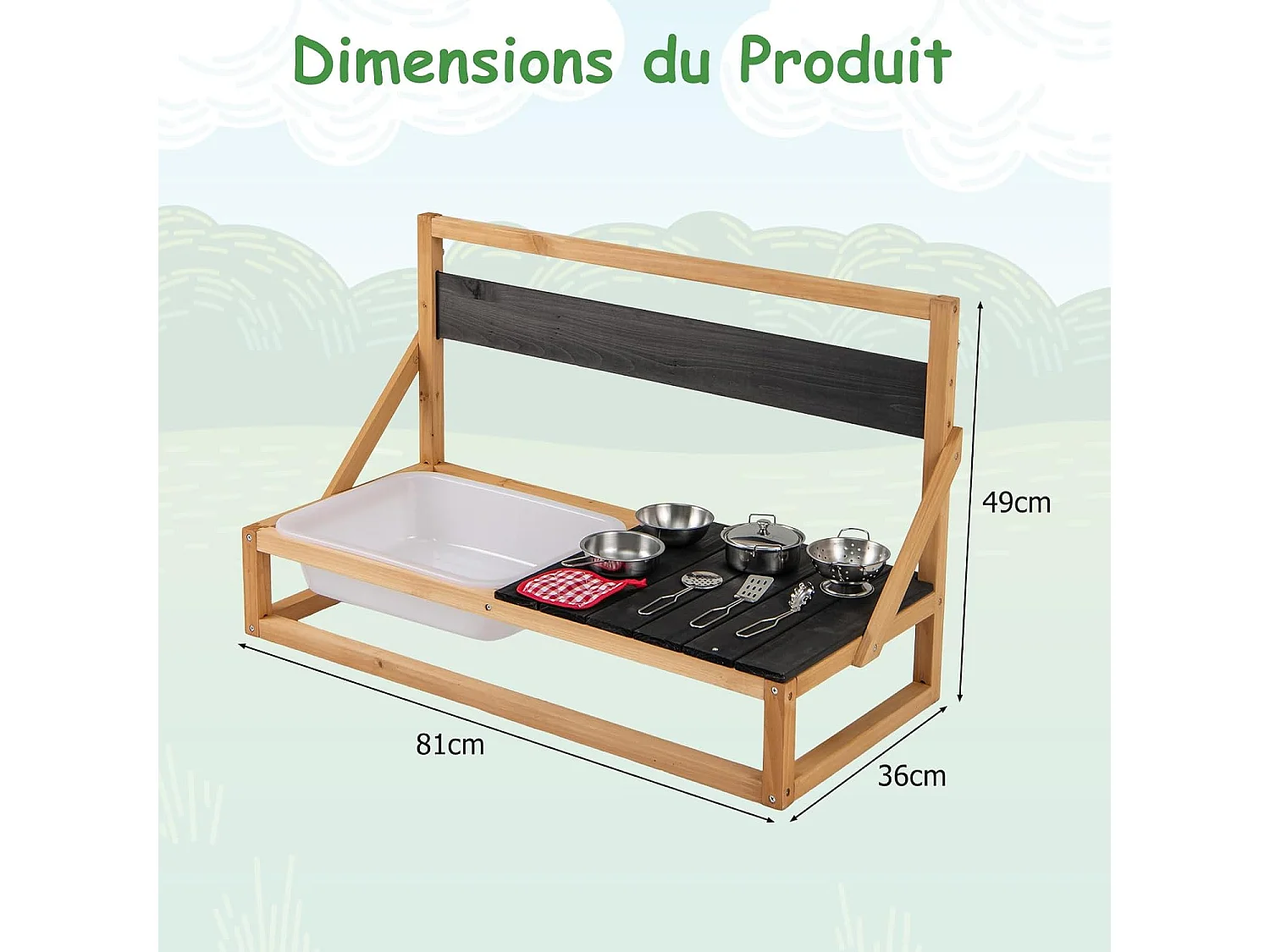 Cuisine Extérieure Enfant avec Tableau Noir & Évier, Jeu de Cuisine en Bois de Sapin Enfant avec 7 Accessoires & Chiffon, Cuisine de Boue pour 3 Ans+