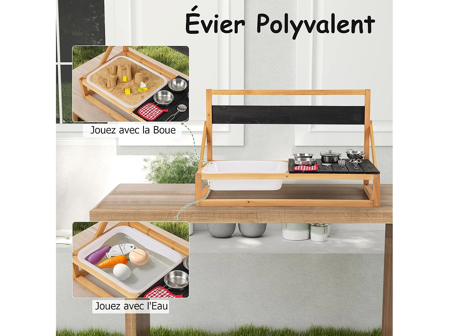 Cuisine Extérieure Enfant avec Tableau Noir & Évier, Jeu de Cuisine en Bois de Sapin Enfant avec 7 Accessoires & Chiffon, Cuisine de Boue pour 3 Ans+