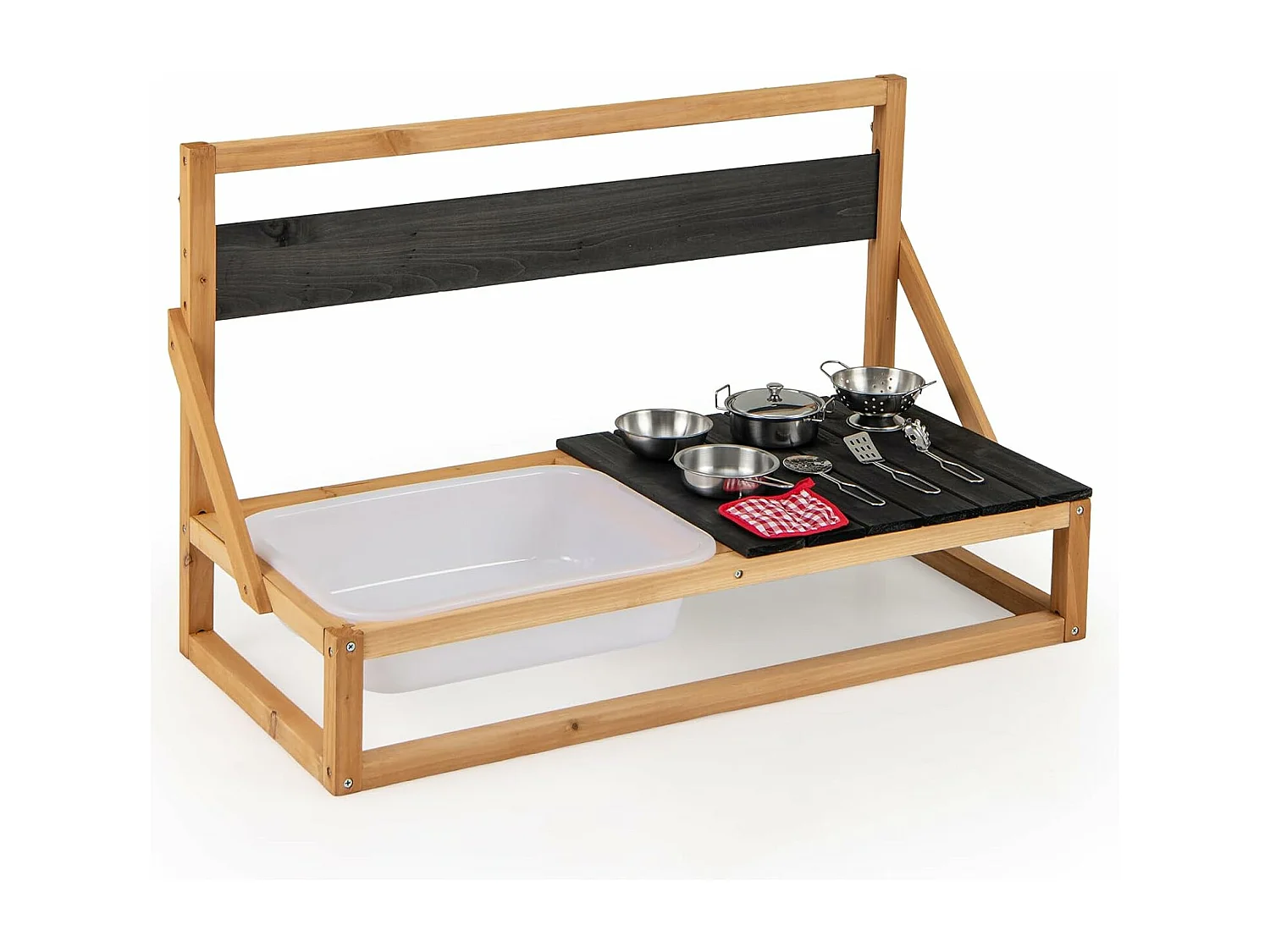 Cuisine Extérieure Enfant avec Tableau Noir & Évier, Jeu de Cuisine en Bois de Sapin Enfant avec 7 Accessoires & Chiffon, Cuisine de Boue pour 3 Ans+