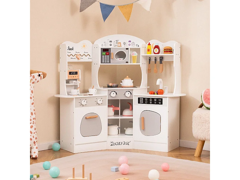 Houten kinderkeuken met 18 accessoires, kinderhoekkeuken met magnetron en planken, licht en geluid, rollenspel voor kinderen vanaf 3 jaar (wit)