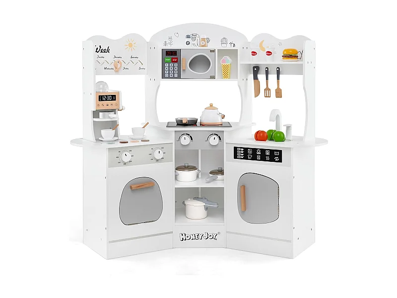 Cuisine Enfants en Bois avec 18 Accessoires, Cuisine d’Angle Enfants avec Micro-Ondes & Étagères, Lumières et Sons, Jouet d’Imitation pour 3 Ans+ (Blanc)