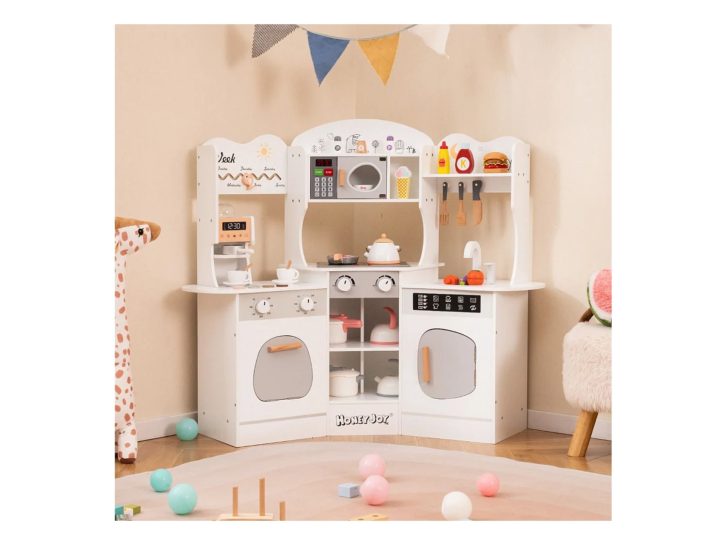 Cuisine Enfants en Bois avec 18 Accessoires, Cuisine d’Angle Enfants avec Micro-Ondes & Étagères, Lumières et Sons, Jouet d’Imitation pour 3 Ans+ (Blanc)