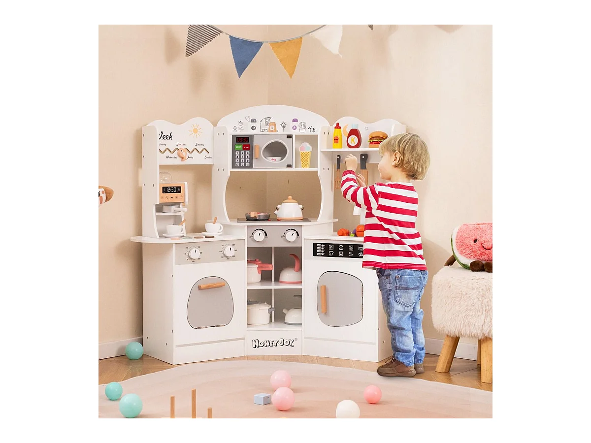 Cuisine Enfants en Bois avec 18 Accessoires, Cuisine d’Angle Enfants avec Micro-Ondes & Étagères, Lumières et Sons, Jouet d’Imitation pour 3 Ans+ (Blanc)