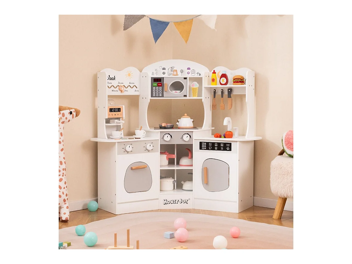 Cuisine Enfants en Bois avec 18 Accessoires, Cuisine d’Angle Enfants avec Micro-Ondes & Étagères, Lumières et Sons, Jouet d’Imitation pour 3 Ans+ (Blanc)