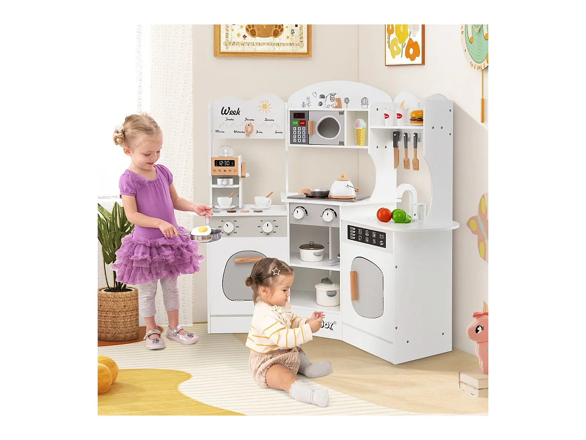 Cuisine Enfants en Bois avec 18 Accessoires, Cuisine d’Angle Enfants avec Micro-Ondes & Étagères, Lumières et Sons, Jouet d’Imitation pour 3 Ans+ (Blanc)