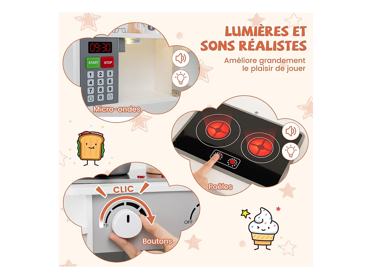 Cuisine Enfants en Bois avec 18 Accessoires, Cuisine d’Angle Enfants avec Micro-Ondes & Étagères, Lumières et Sons, Jouet d’Imitation pour 3 Ans+ (Blanc)