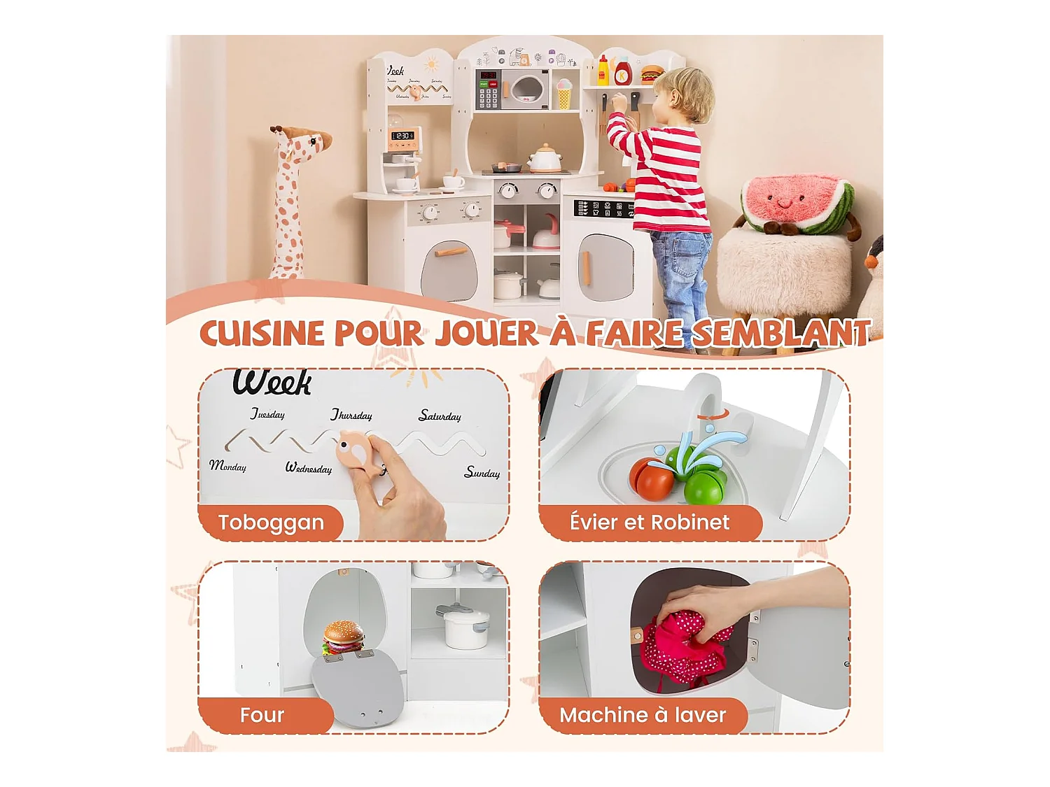 Cuisine Enfants en Bois avec 18 Accessoires, Cuisine d’Angle Enfants avec Micro-Ondes & Étagères, Lumières et Sons, Jouet d’Imitation pour 3 Ans+ (Blanc)