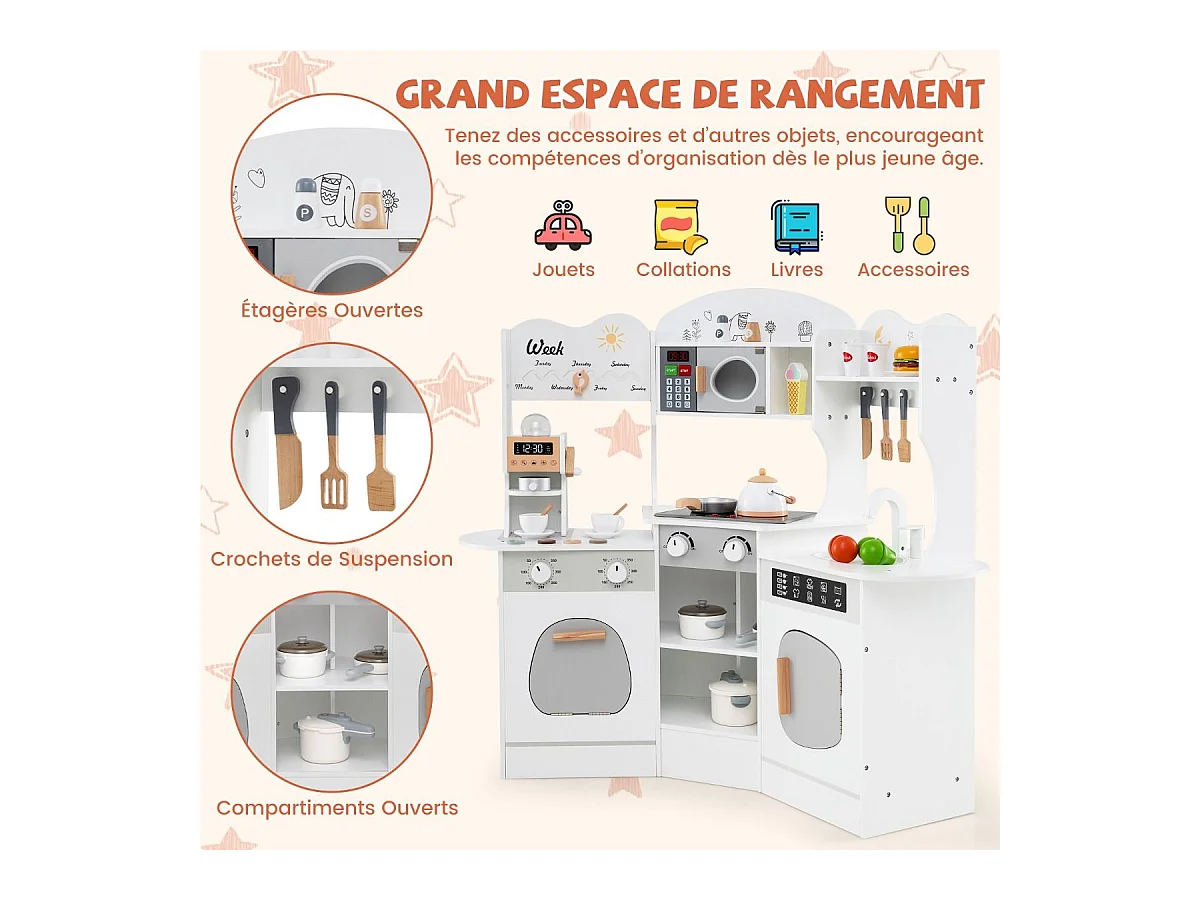 Cuisine Enfants en Bois avec 18 Accessoires, Cuisine d’Angle Enfants avec Micro-Ondes & Étagères, Lumières et Sons, Jouet d’Imitation pour 3 Ans+ (Blanc)