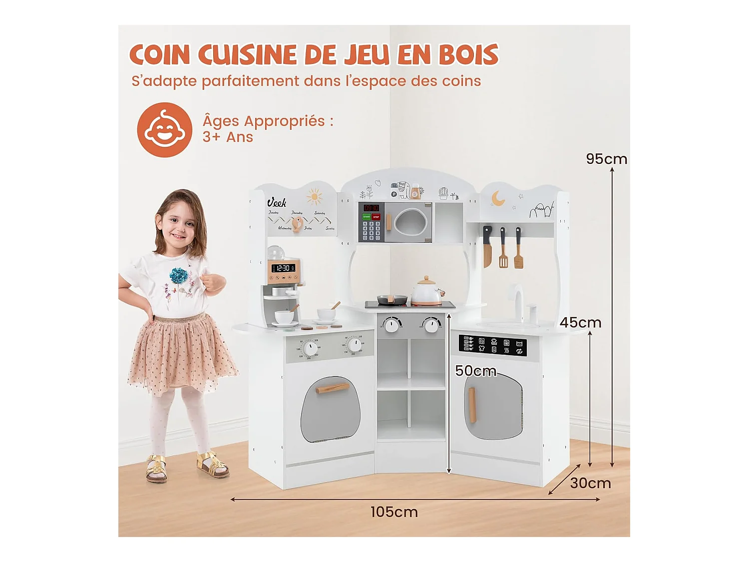 Cuisine Enfants en Bois avec 18 Accessoires, Cuisine d’Angle Enfants avec Micro-Ondes & Étagères, Lumières et Sons, Jouet d’Imitation pour 3 Ans+ (Blanc)