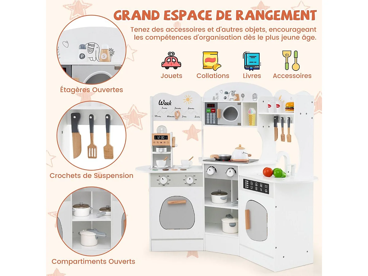 Cuisine Enfants en Bois avec 18 Accessoires, Cuisine d’Angle Enfants avec Micro-Ondes & Étagères, Lumières et Sons, Jouet d’Imitation pour 3 Ans+ (Blanc)