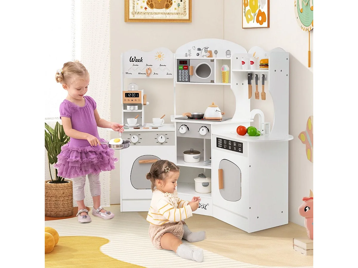 Cuisine Enfants en Bois avec 18 Accessoires, Cuisine d’Angle Enfants avec Micro-Ondes & Étagères, Lumières et Sons, Jouet d’Imitation pour 3 Ans+ (Blanc)