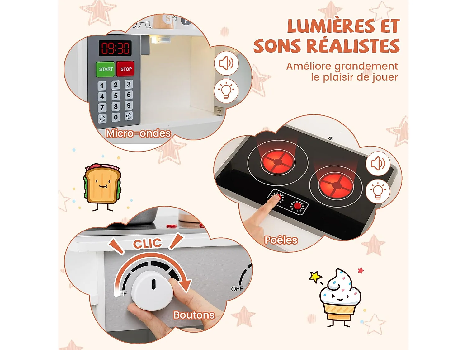 Cuisine Enfants en Bois avec 18 Accessoires, Cuisine d’Angle Enfants avec Micro-Ondes & Étagères, Lumières et Sons, Jouet d’Imitation pour 3 Ans+ (Blanc)