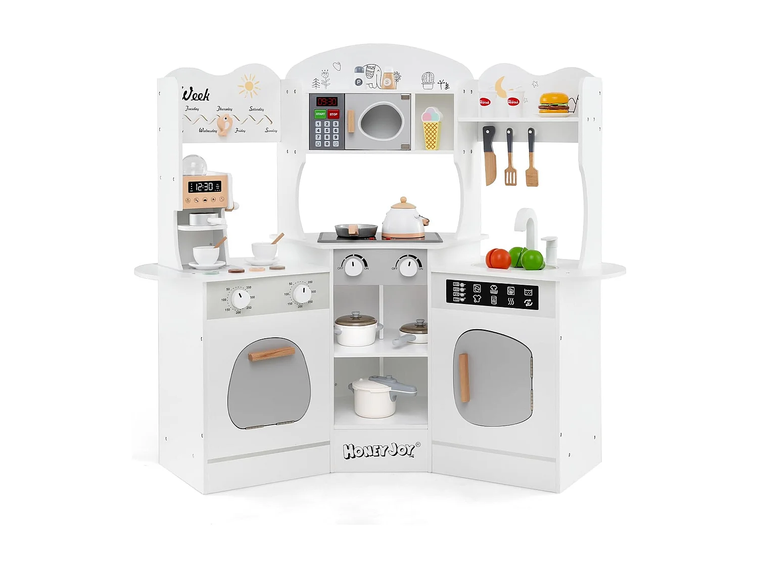 Cuisine Enfants en Bois avec 18 Accessoires, Cuisine d’Angle Enfants avec Micro-Ondes & Étagères, Lumières et Sons, Jouet d’Imitation pour 3 Ans+ (Blanc)