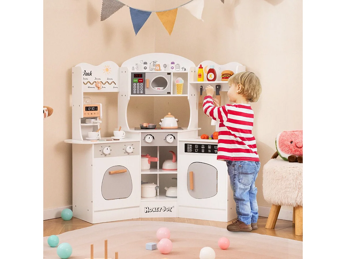 Cuisine Enfants en Bois avec 18 Accessoires, Cuisine d’Angle Enfants avec Micro-Ondes & Étagères, Lumières et Sons, Jouet d’Imitation pour 3 Ans+ (Blanc)
