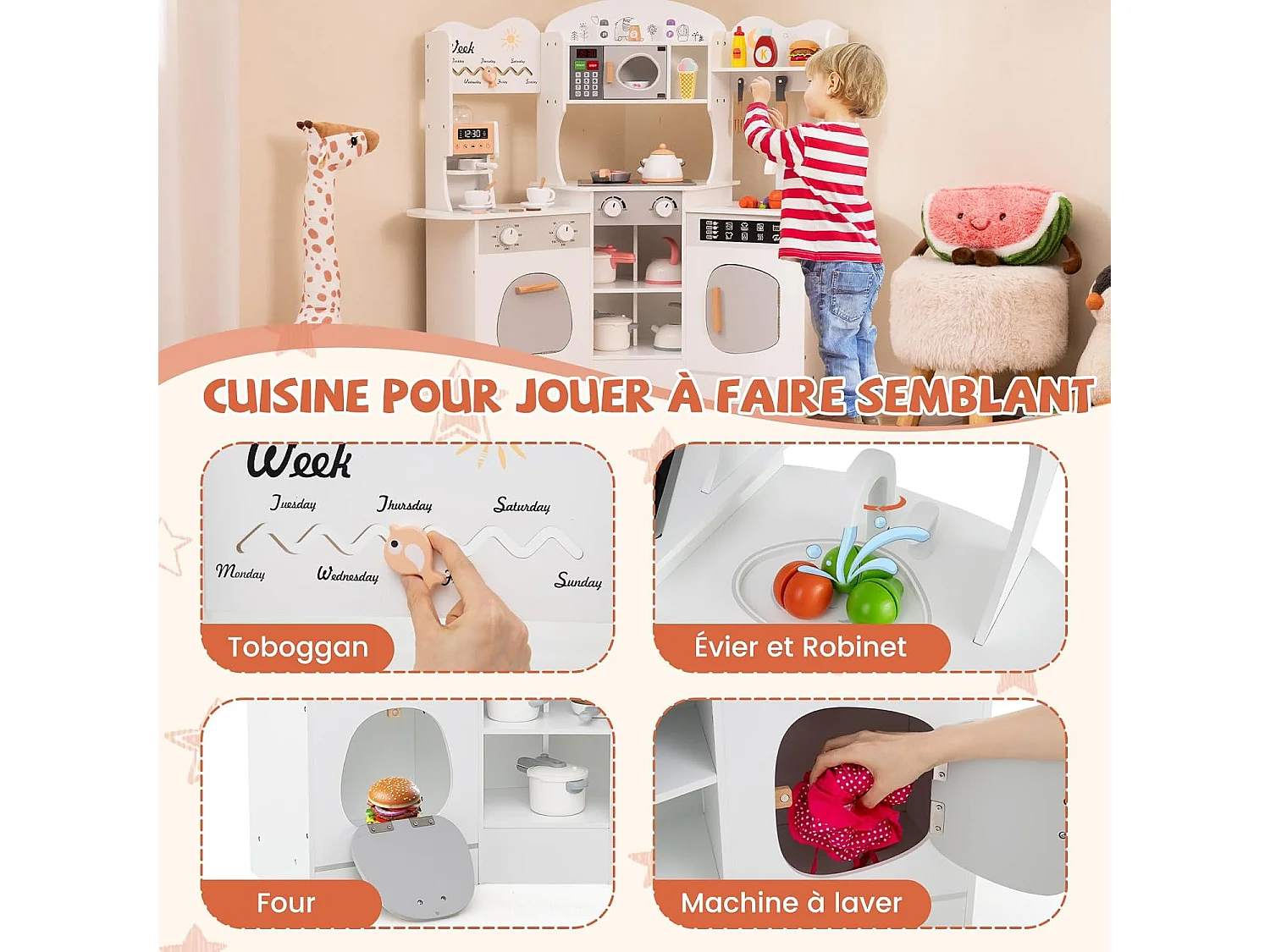 Cuisine Enfants en Bois avec 18 Accessoires, Cuisine d’Angle Enfants avec Micro-Ondes & Étagères, Lumières et Sons, Jouet d’Imitation pour 3 Ans+ (Blanc)
